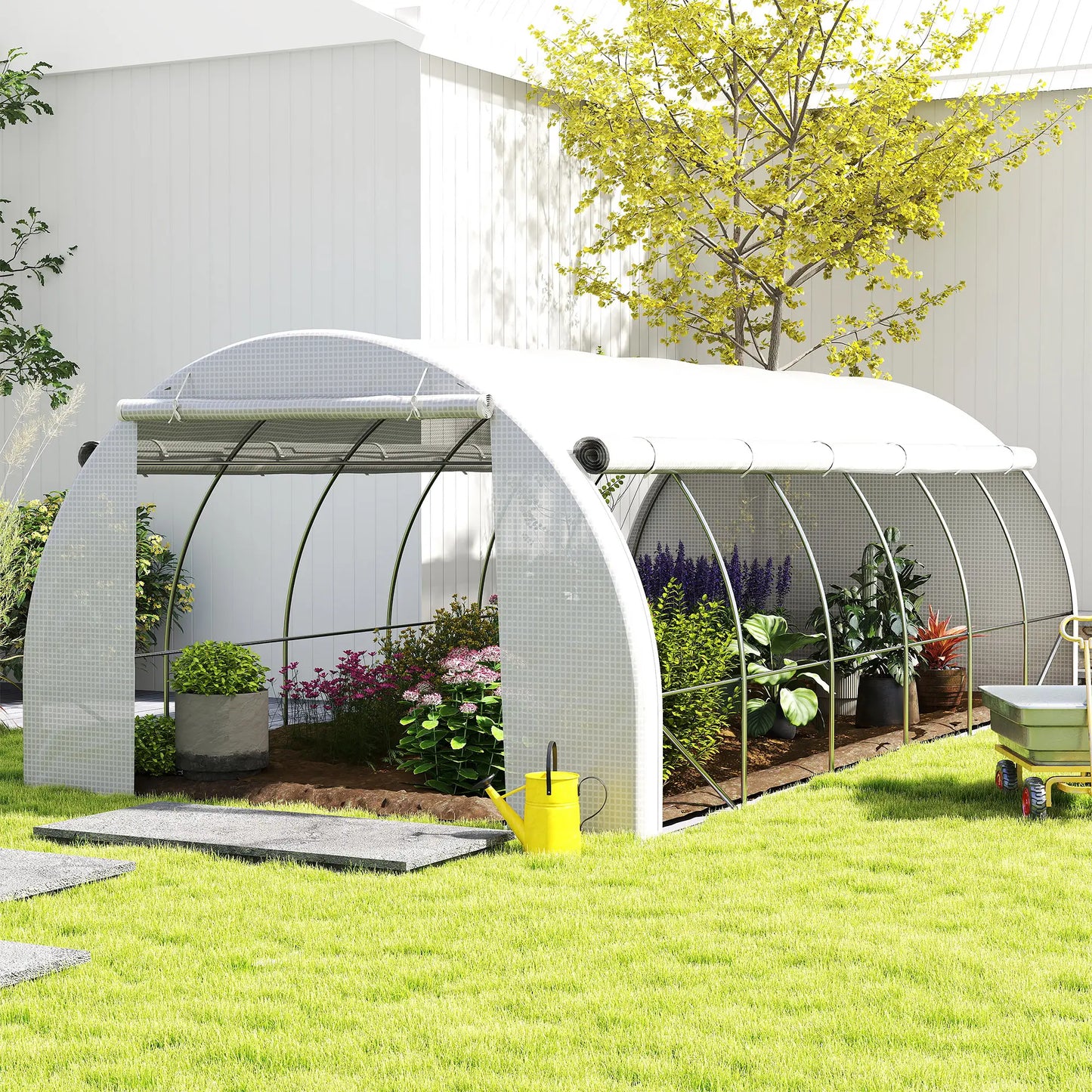 Outsunny 6x3m Walk-In Polytunnel Greenhouse with Roll-Up Sides, White