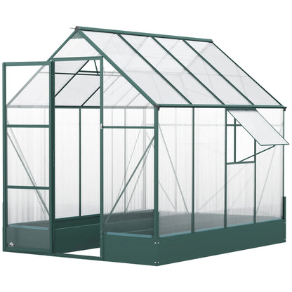 Outsunny 6x8 FT Polycarbonate Greenhouse with Base and Raised Bed, Walk-in Greenhouse with Aluminium Frame, Temperature Controlled Window, Foundation for Plants, Flowers, Vegetable
