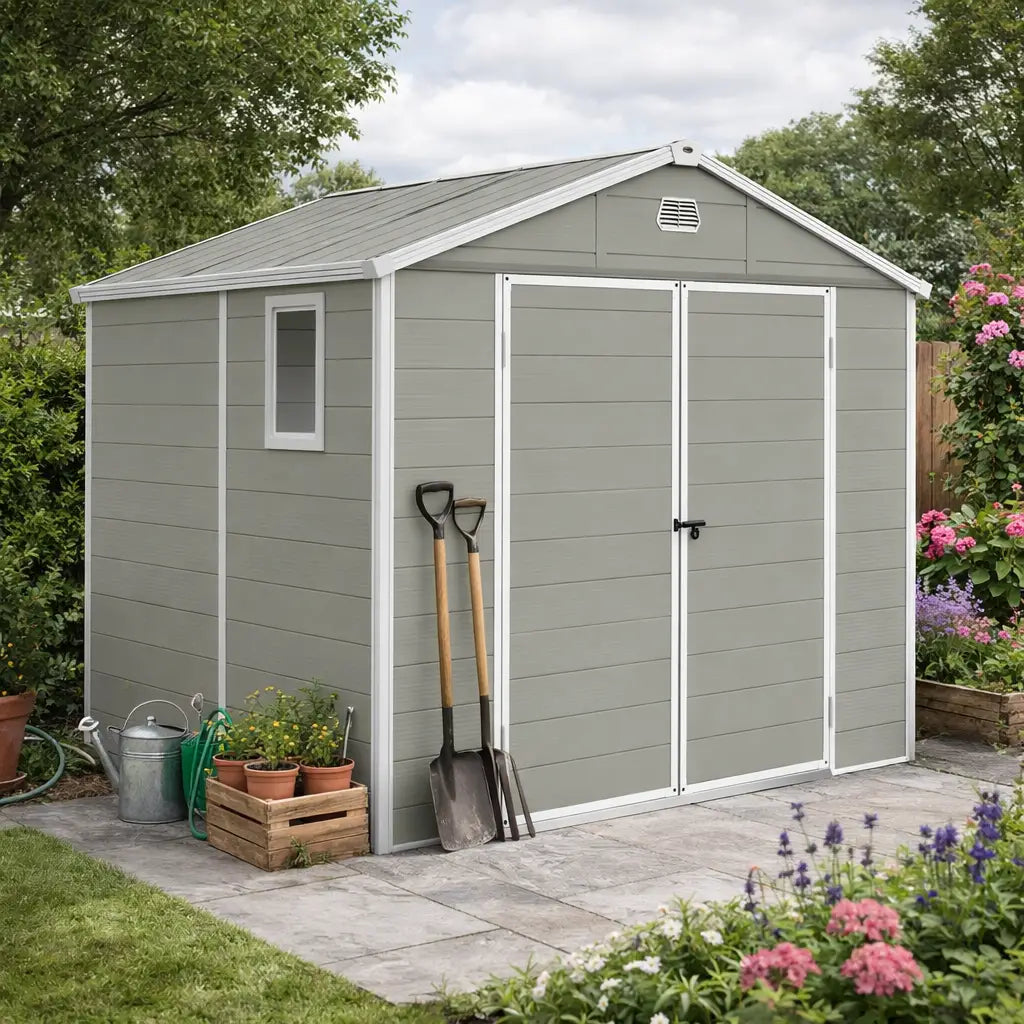 Outsunny 7.9ft x 6.2ft Aluminium Frame Rust Resistance Waterproof Shed, with Galvanised Foundation - Light Grey