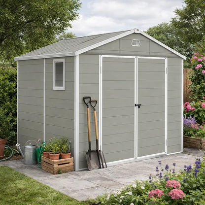 Outsunny 7.9ft x 6.2ft Aluminium Frame Rust Resistance Waterproof Shed, with Galvanised Foundation - Light Grey