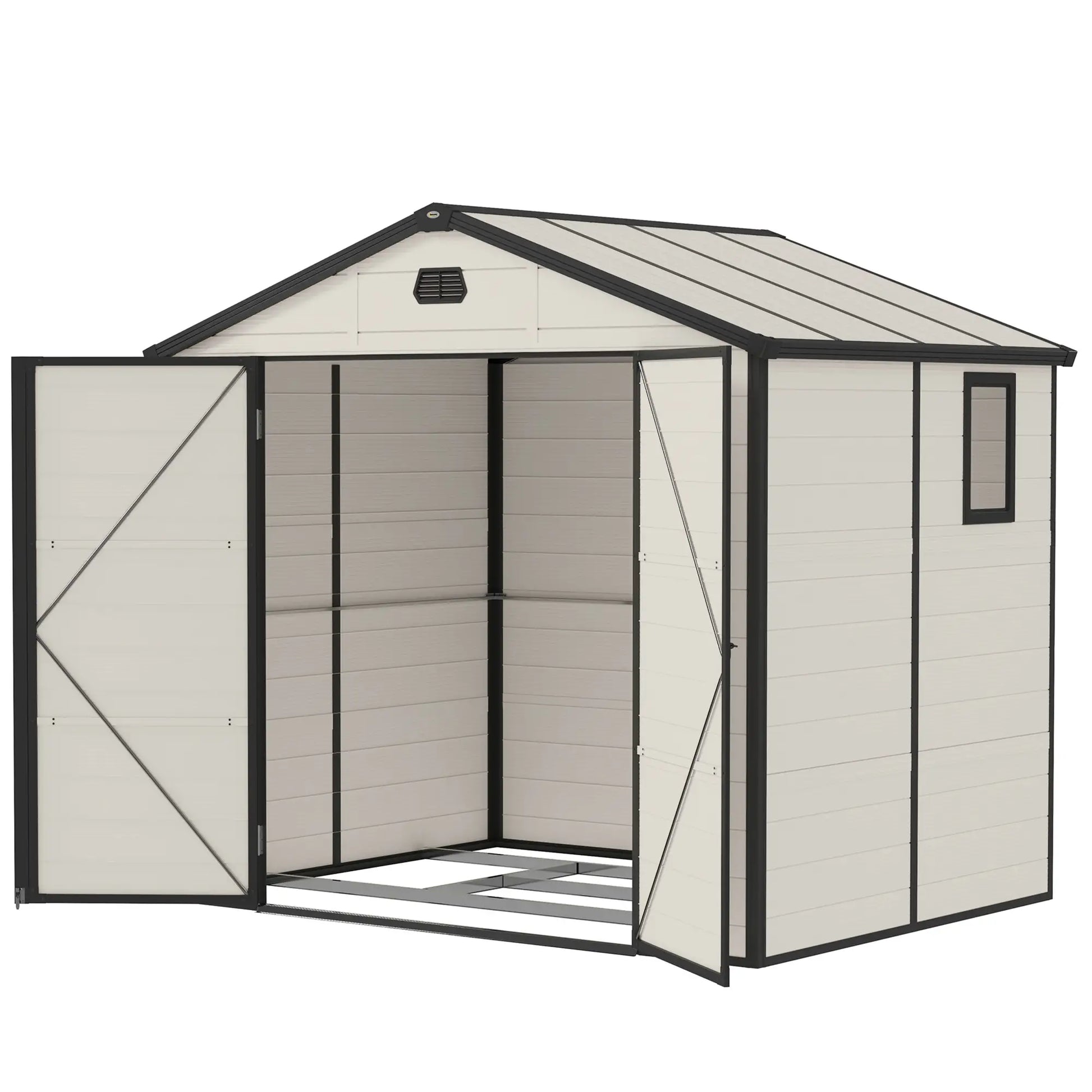 Outsunny 7.9ft x 6.2ft Recycled Garden Shed with Aluminium Frame and Plastic,  Wall Shed with Foundation, Waterproof and Rustproof - Cream White