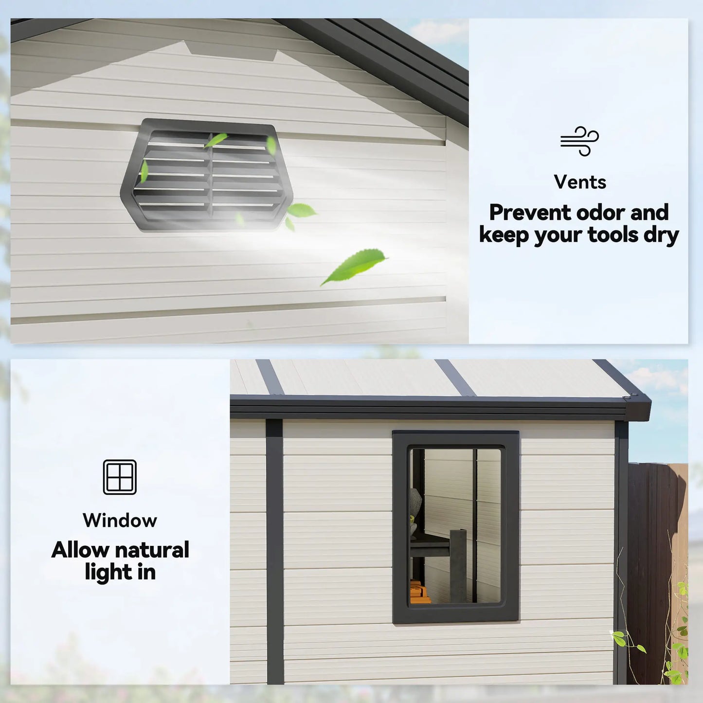 Outsunny 7.9ft x 6.2ft Recycled Garden Shed with Aluminium Frame and Plastic,  Wall Shed with Foundation, Waterproof and Rustproof - Cream White