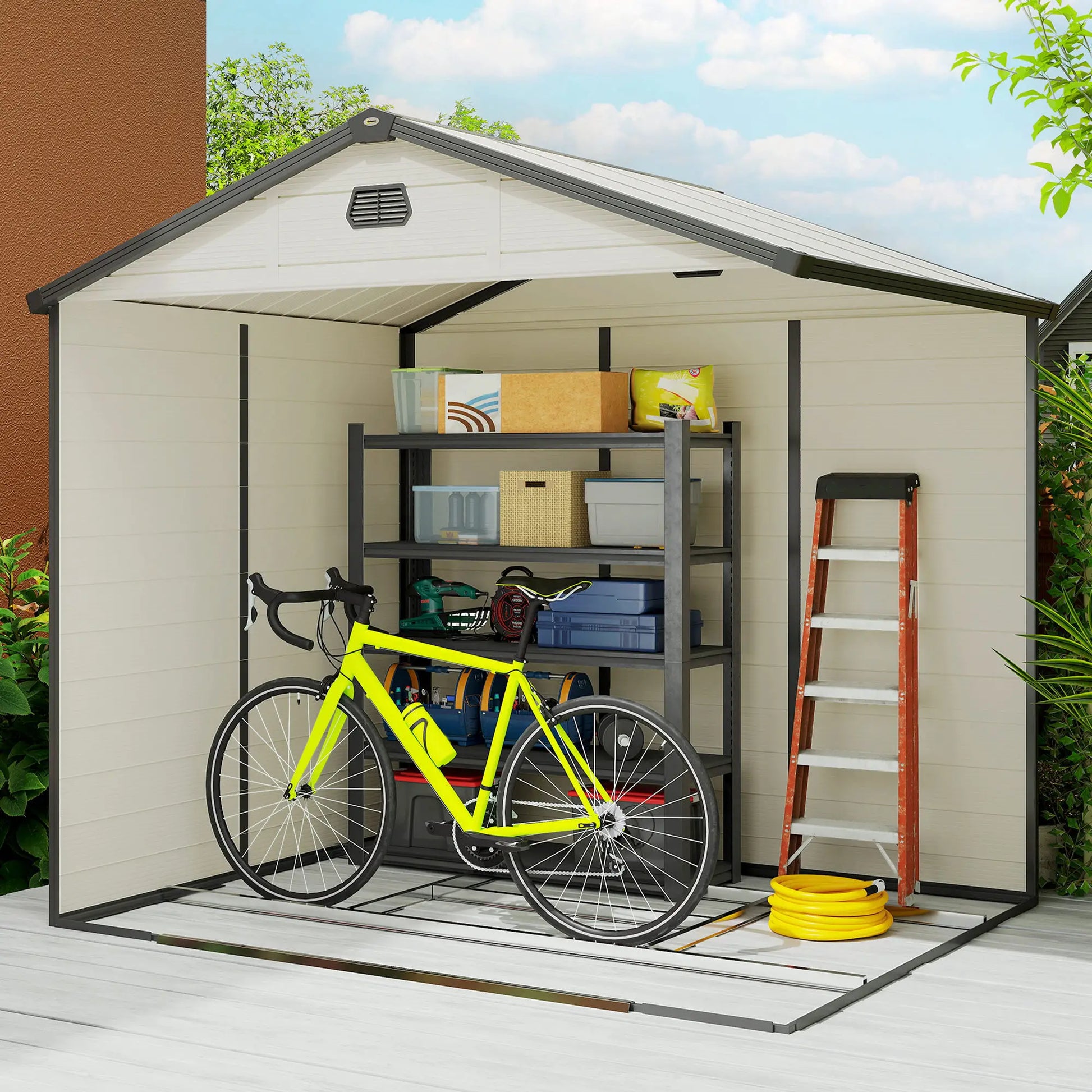 Outsunny 7.9ft x 6.2ft Recycled Garden Shed with Aluminium Frame and Plastic,  Wall Shed with Foundation, Waterproof and Rustproof - Cream White