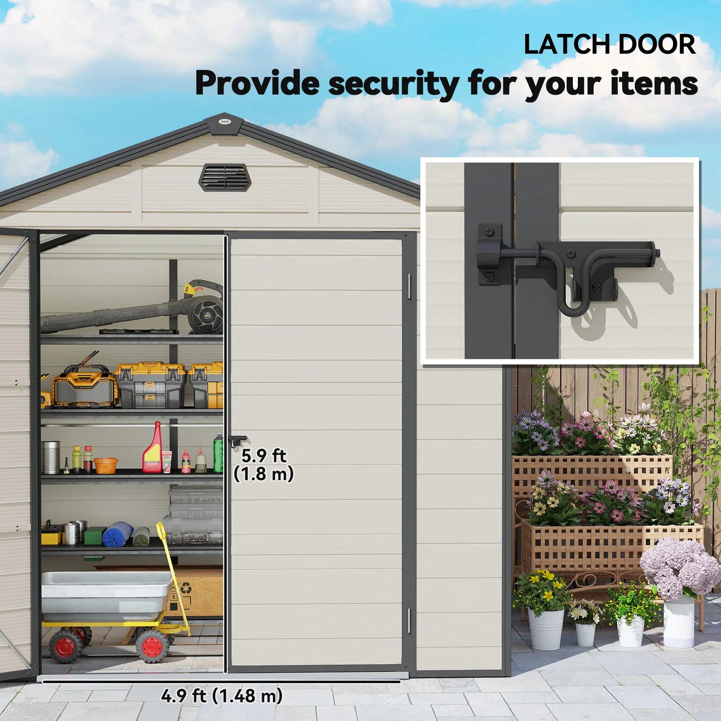 Outsunny 7.9ft x 6.2ft Recycled Garden Shed with Aluminium Frame and Plastic,  Wall Shed with Foundation, Waterproof and Rustproof - Cream White