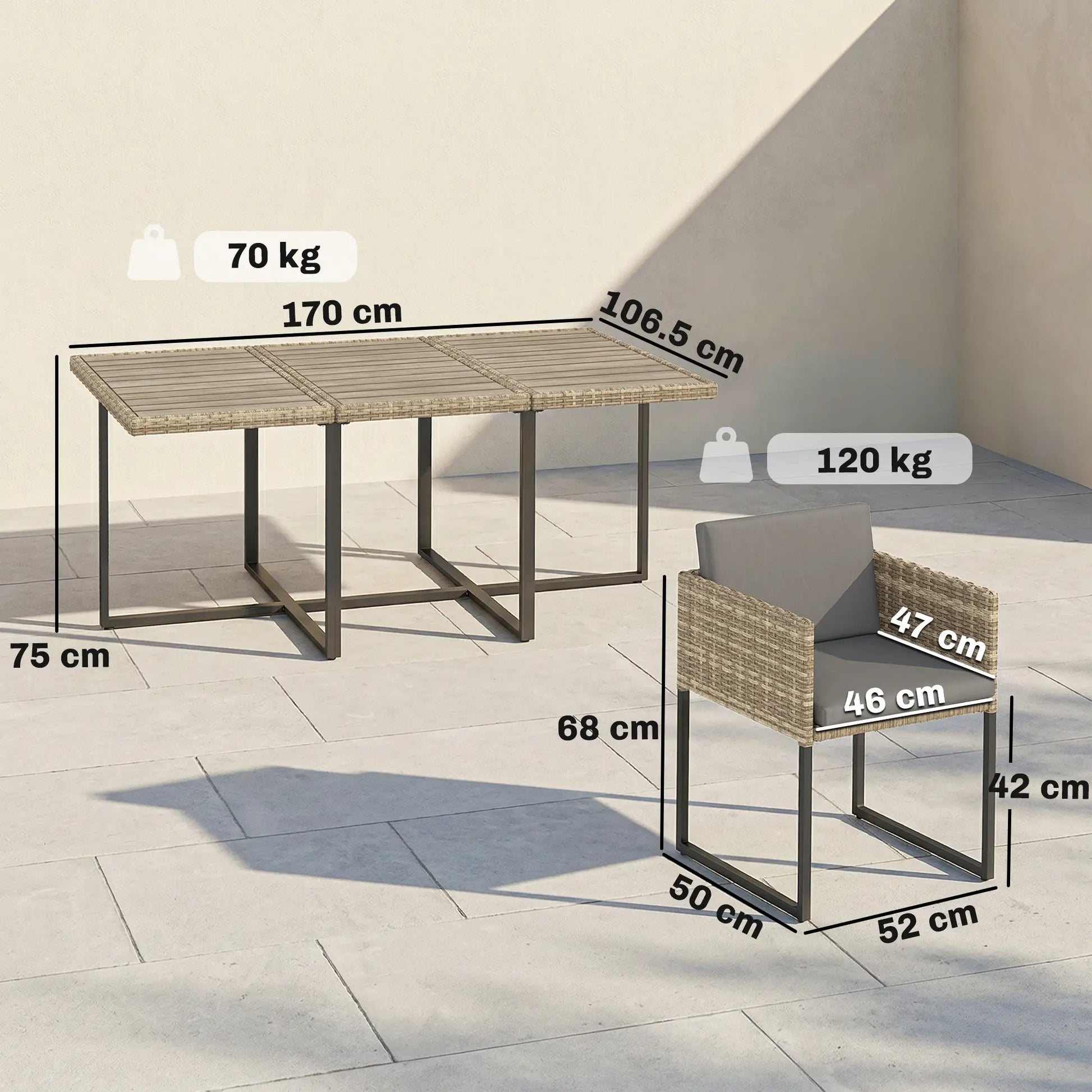 Outsunny 7 Piece Rattan Garden Furniture Set, Garden Dining Set with Wood-Plastic Table and 6 Stackable Chairs, Light Brown