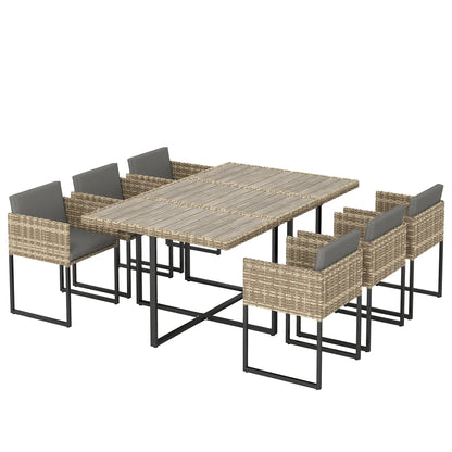 Outsunny 7 Piece Rattan Garden Furniture Set, Garden Dining Set with Wood-Plastic Table and 6 Stackable Chairs, Light Brown