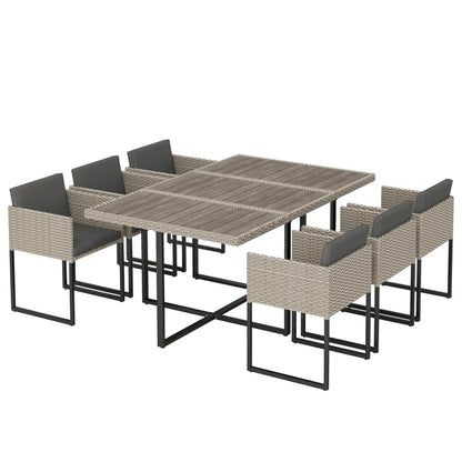 Outsunny 7 Piece Rattan Garden Furniture Set, Garden Dining Set with Wood-Plastic Table and 6 Stackable Chairs, Light Grey