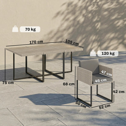 Outsunny 7 Piece Rattan Garden Furniture Set, Garden Dining Set with Wood-Plastic Table and 6 Stackable Chairs, Light Grey