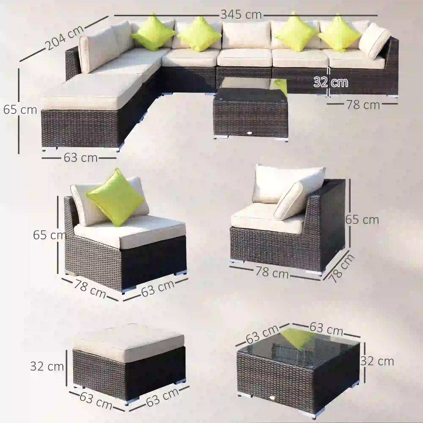 Outsunny 8 Piece Rattan Corner Sofa Set with Wide & Deep Seat, Assembled Aluminium PE Rattan Garden Furniture Set with Thick Cushions and Glass Top Table for Outdoor, Conservatory, Mixed Brown