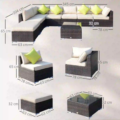 Outsunny 8 Piece Rattan Corner Sofa Set with Wide & Deep Seat, Assembled Aluminium PE Rattan Garden Furniture Set with Thick Cushions and Glass Top Table for Outdoor, Conservatory, Mixed Brown
