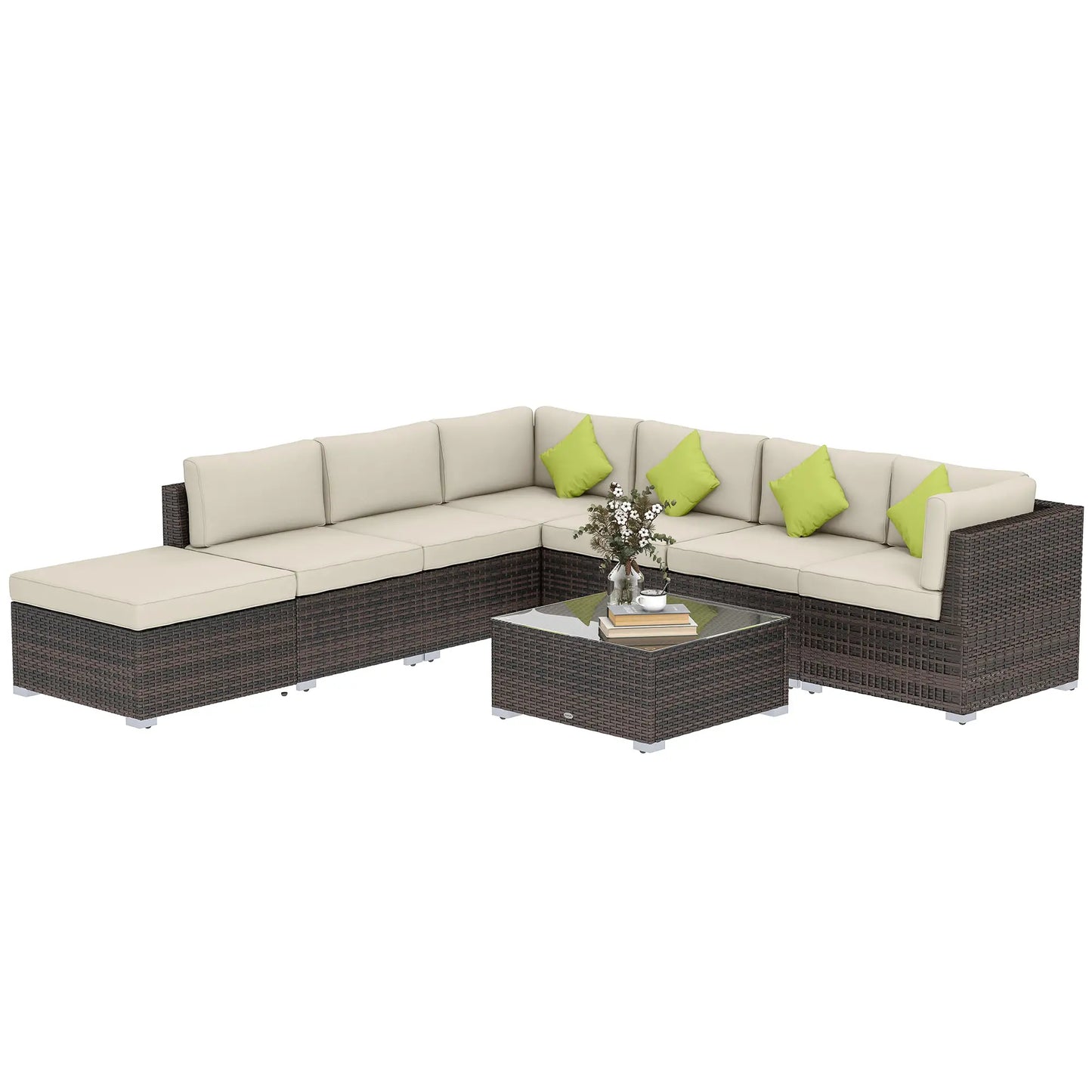 Outsunny 8 Piece Rattan Corner Sofa Set with Wide & Deep Seat, Assembled Aluminium PE Rattan Garden Furniture Set with Thick Cushions and Glass Top Table for Outdoor, Conservatory, Mixed Brown