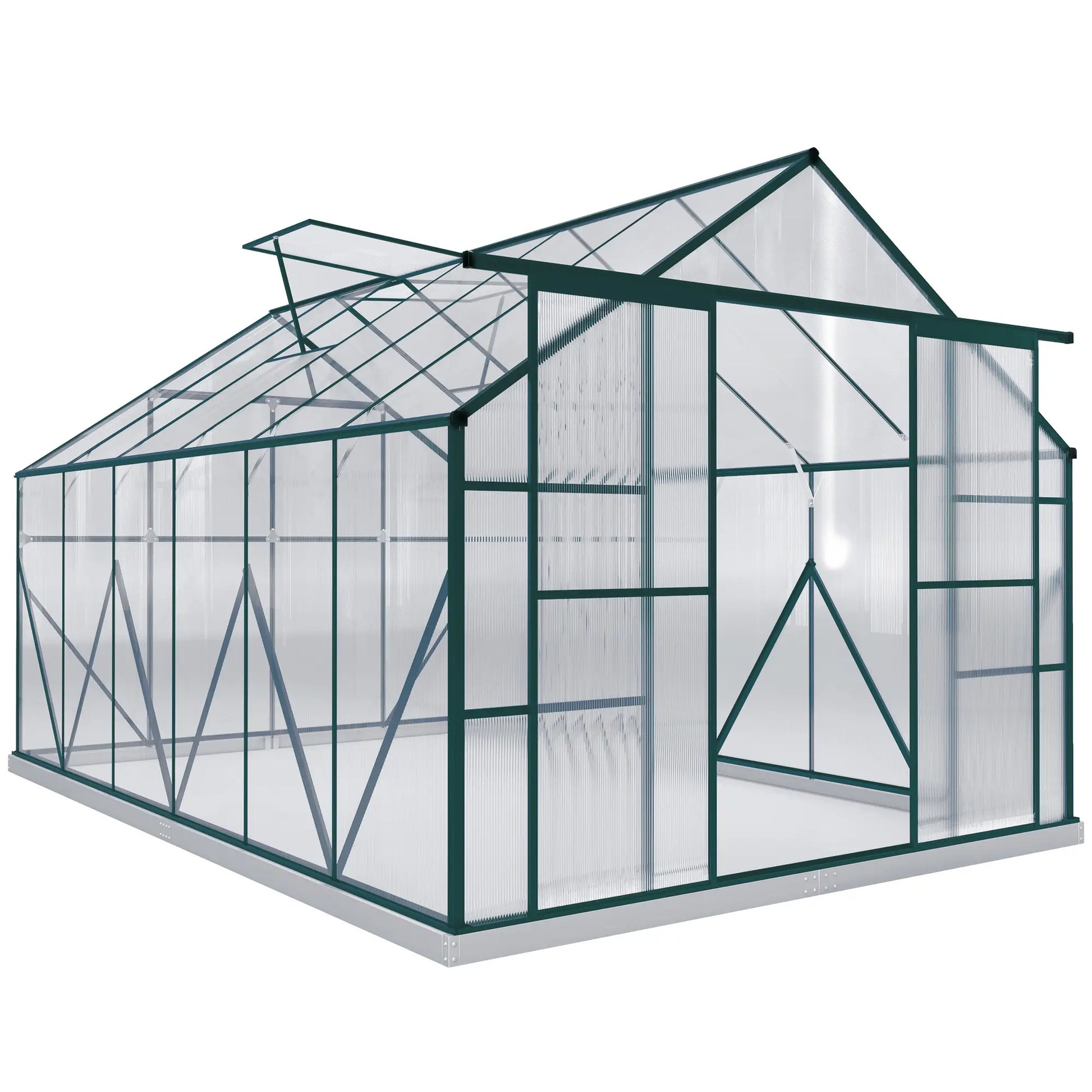 Outsunny 8 x 12ft Aluminium Greenhouse Polycarbonate Walk in Garden Greenhouse Kit with Adjustable Roof Vent, Double Sliding Door, Rain Gutter and Foundation, Clear