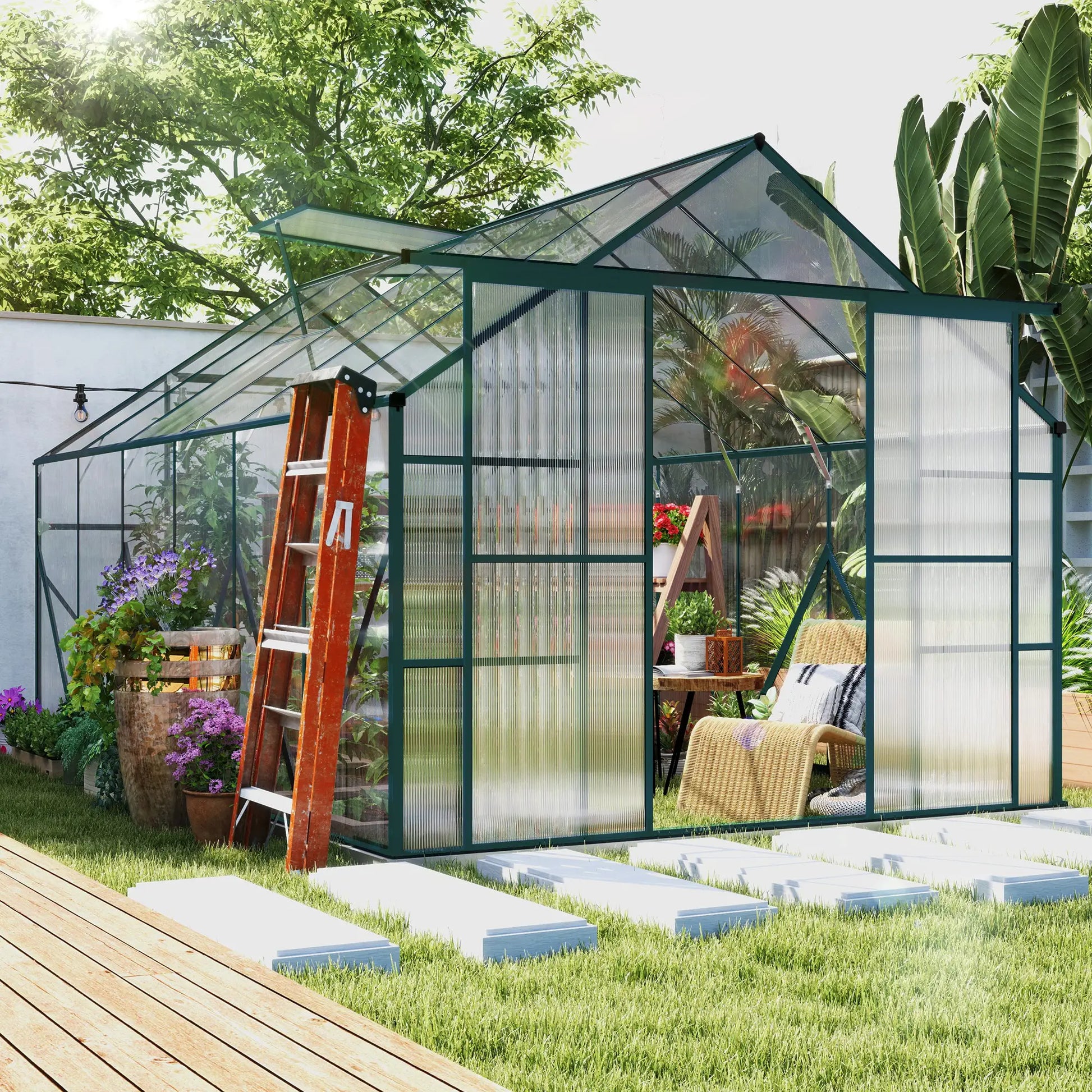 Outsunny 8 x 12ft Aluminium Greenhouse Polycarbonate Walk in Garden Greenhouse Kit with Adjustable Roof Vent, Double Sliding Door, Rain Gutter and Foundation, Clear