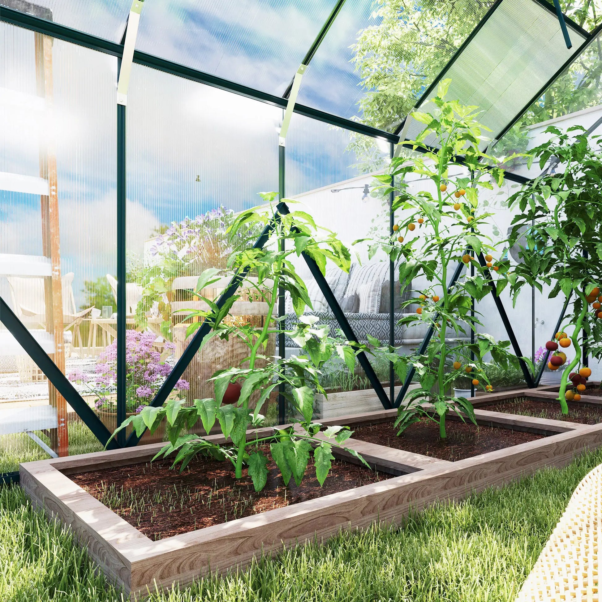 Outsunny 8 x 12ft Aluminium Greenhouse Polycarbonate Walk in Garden Greenhouse Kit with Adjustable Roof Vent, Double Sliding Door, Rain Gutter and Foundation, Clear