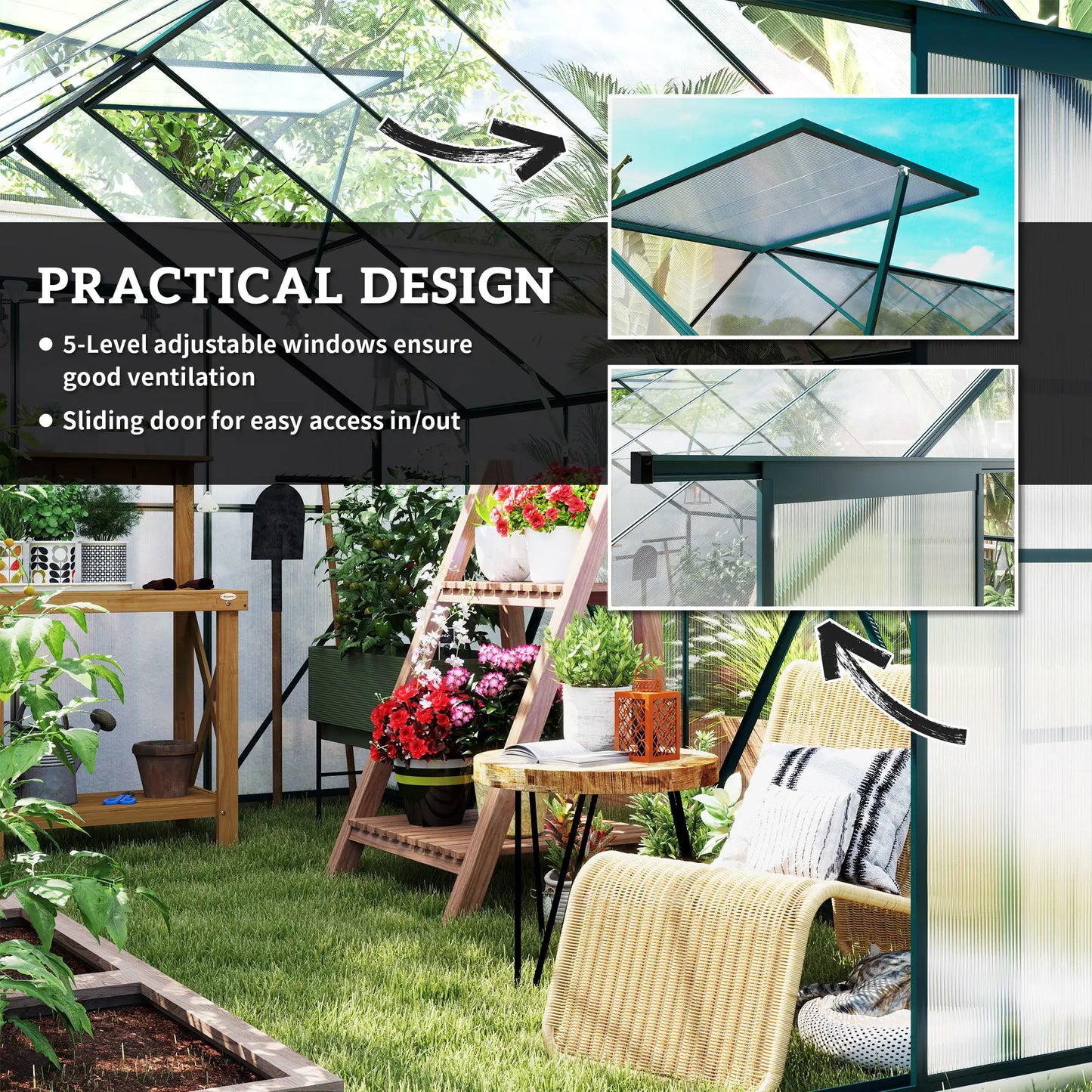 Outsunny 8 x 12ft Aluminium Greenhouse Polycarbonate Walk in Garden Greenhouse Kit with Adjustable Roof Vent, Double Sliding Door, Rain Gutter and Foundation, Clear