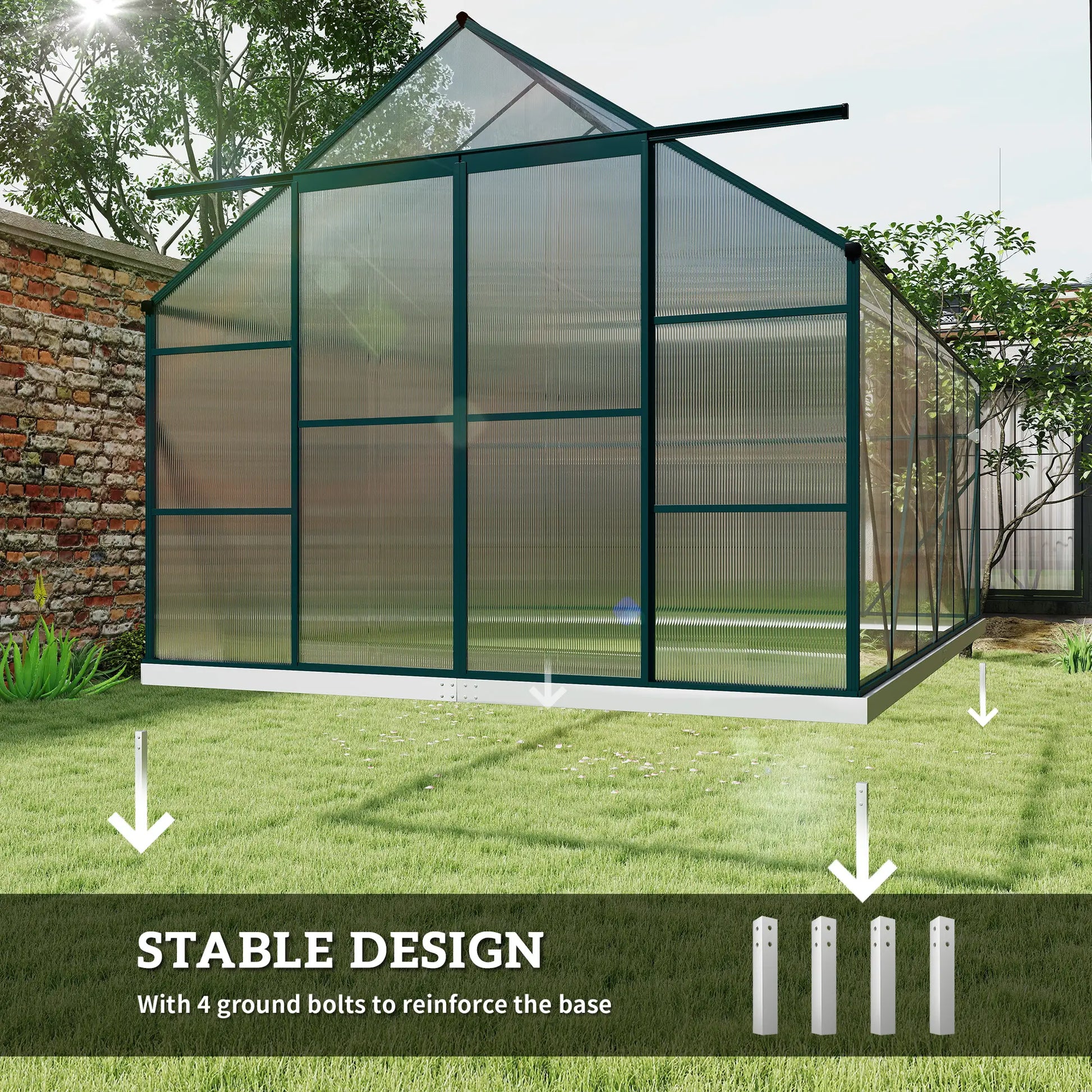 Outsunny 8 x 12ft Aluminium Greenhouse Polycarbonate Walk in Garden Greenhouse Kit with Adjustable Roof Vent, Double Sliding Door, Rain Gutter and Foundation, Clear
