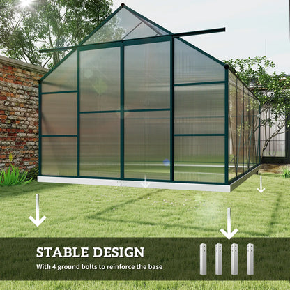 Outsunny 8 x 12ft Aluminium Greenhouse Polycarbonate Walk in Garden Greenhouse Kit with Adjustable Roof Vent, Double Sliding Door, Rain Gutter and Foundation, Clear