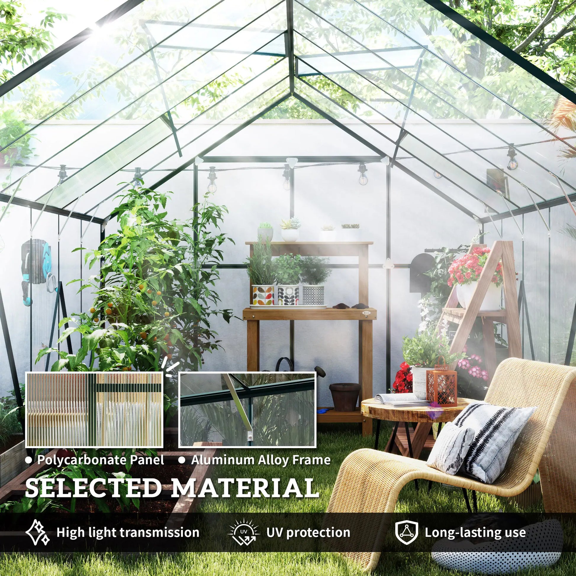 Outsunny 8 x 12ft Aluminium Greenhouse Polycarbonate Walk in Garden Greenhouse Kit with Adjustable Roof Vent, Double Sliding Door, Rain Gutter and Foundation, Clear