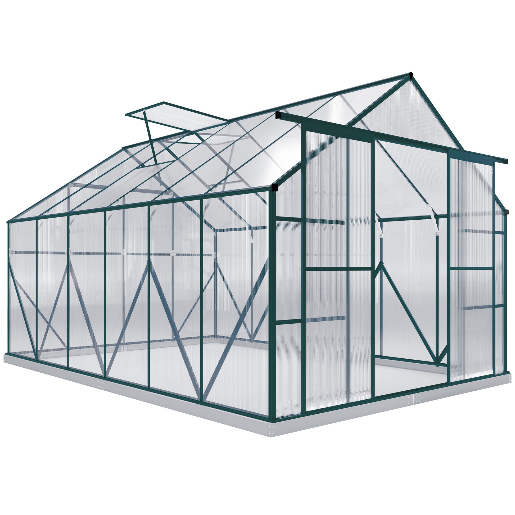 Outsunny 8 x 12ft Aluminium Greenhouse Polycarbonate Walk in Garden Greenhouse Kit with Adjustable Roof Vent, Double Sliding Door, Rain Gutter and Foundation, Clear