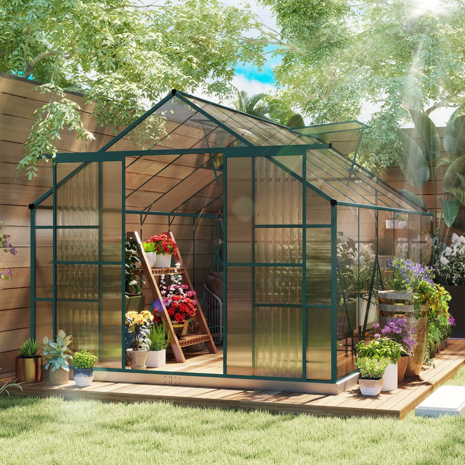 Outsunny 8 x 12ft Aluminium Greenhouse Polycarbonate Walk in Garden Greenhouse Kit with Adjustable Roof Vent, Double Sliding Door, Rain Gutter and Foundation, Clear