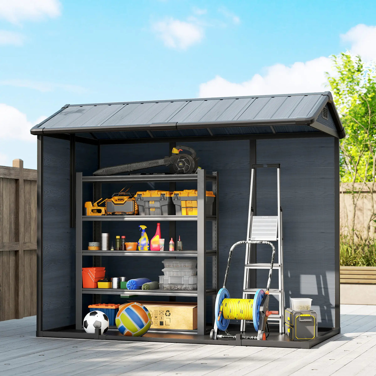 Outsunny 8 x 4 ft Resin Garden Shed, Wood-Effect Outdoor Storage Shed with Floor, Windows, Lockable Doors and Vents, Dark Grey