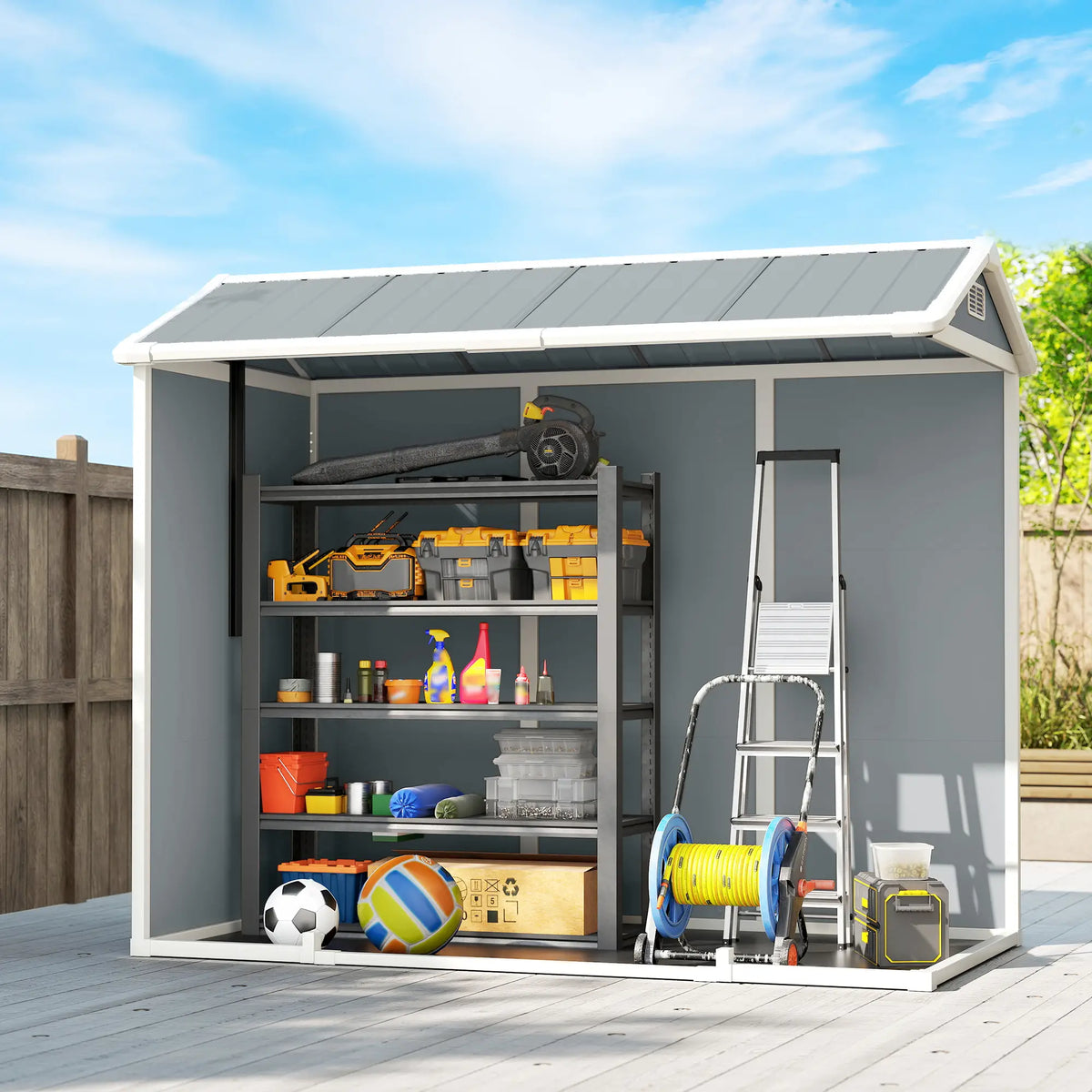 Outsunny 8 x 4 ft Resin Garden Shed, Wood-Effect Outdoor Storage Shed with Floor, Windows, Lockable Doors and Vents, Light Grey