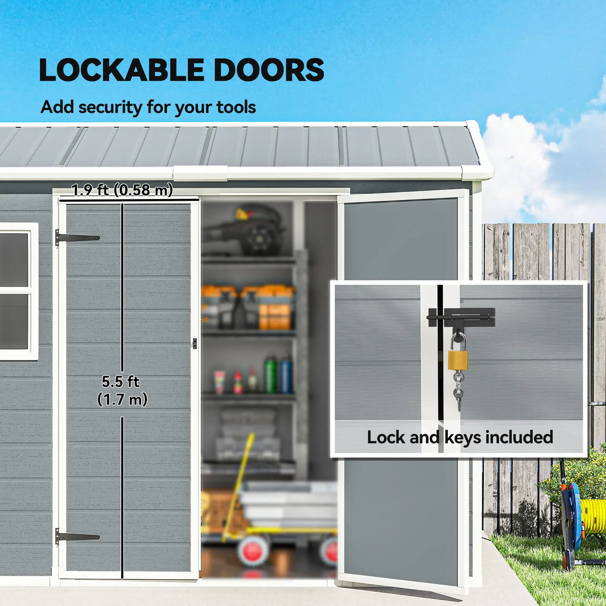 Outsunny 8 x 4 ft Resin Garden Shed, Wood-Effect Outdoor Storage Shed with Floor, Windows, Lockable Doors and Vents, Light Grey