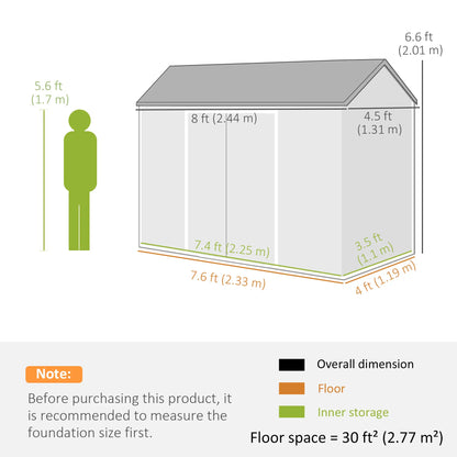 Outsunny 8 x 4 ft Resin Garden Shed, Wood-Effect Outdoor Storage Shed with Floor, Windows, Lockable Doors and Vents, Light Grey