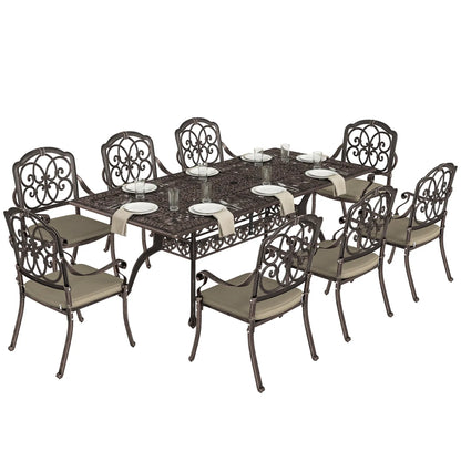 Outsunny 9 Piece Cast Aluminium Garden Dining Set, Garden Table and Chairs Set with Cushions, Parasol Hole for Patio, Bronze Tone