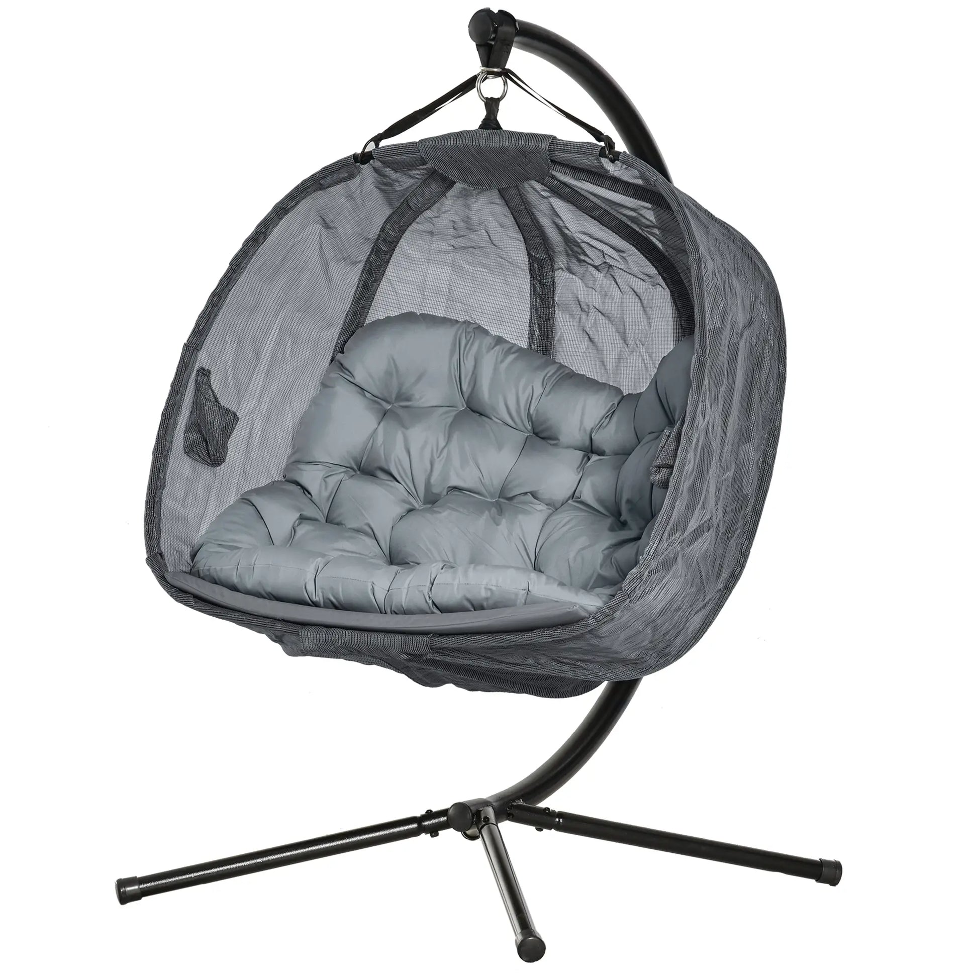 Outsunny Double Hanging Egg Chair 2 Seaters Texteline Swing Hammock Chair with Stand, Cushion and Folding Design, for Indoor and Outdoor, Grey