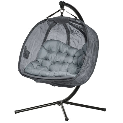 Outsunny Double Hanging Egg Chair 2 Seaters Texteline Swing Hammock Chair with Stand, Cushion and Folding Design, for Indoor and Outdoor, Grey