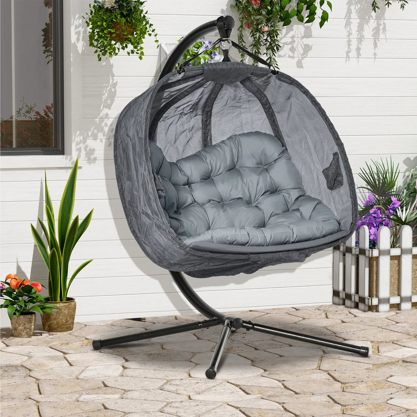 Outsunny Double Hanging Egg Chair 2 Seaters Texteline Swing Hammock Chair with Stand, Cushion and Folding Design, for Indoor and Outdoor, Grey