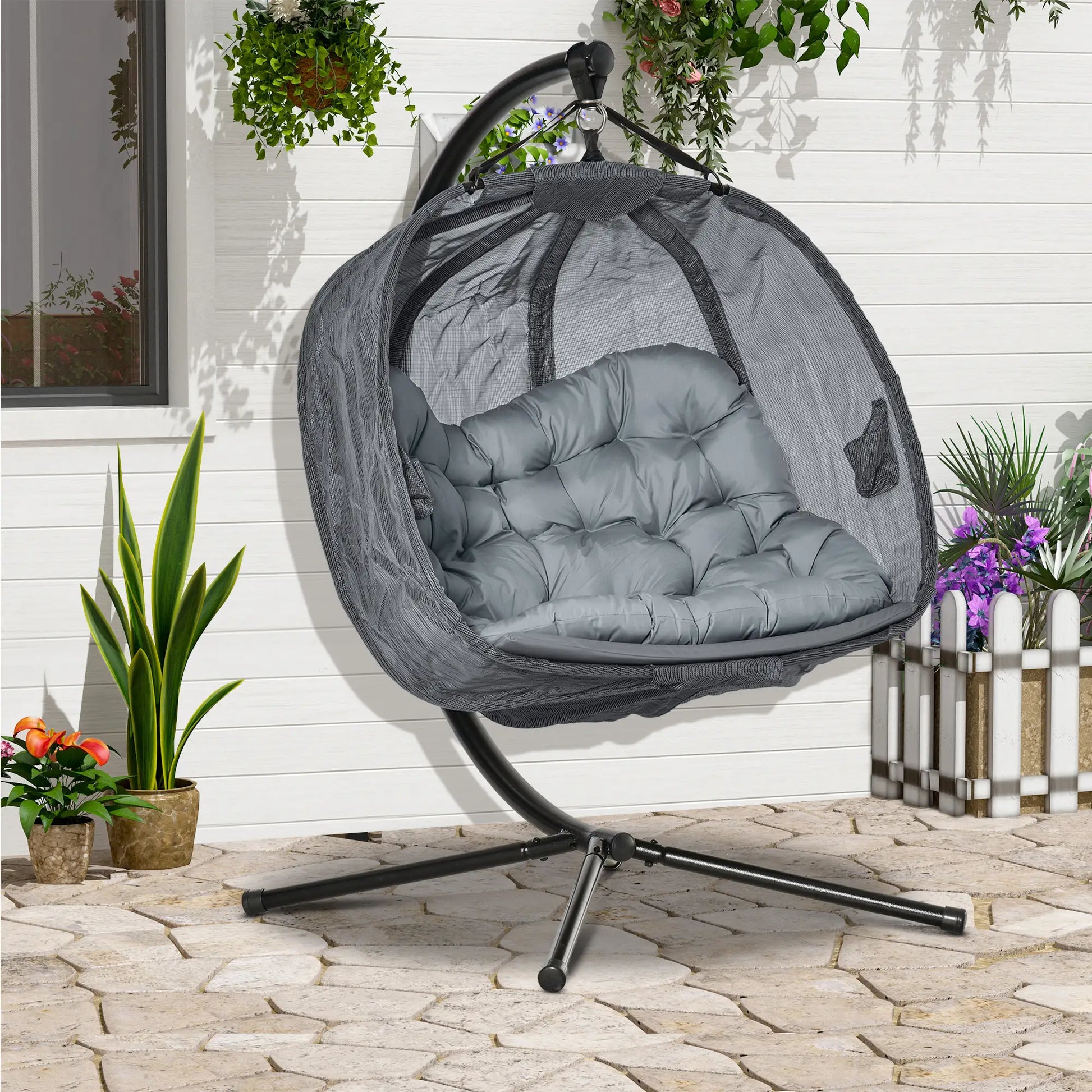 Outsunny Double Hanging Egg Chair 2 Seaters Texteline Swing Hammock Chair with Stand, Cushion and Folding Design, for Indoor and Outdoor, Grey