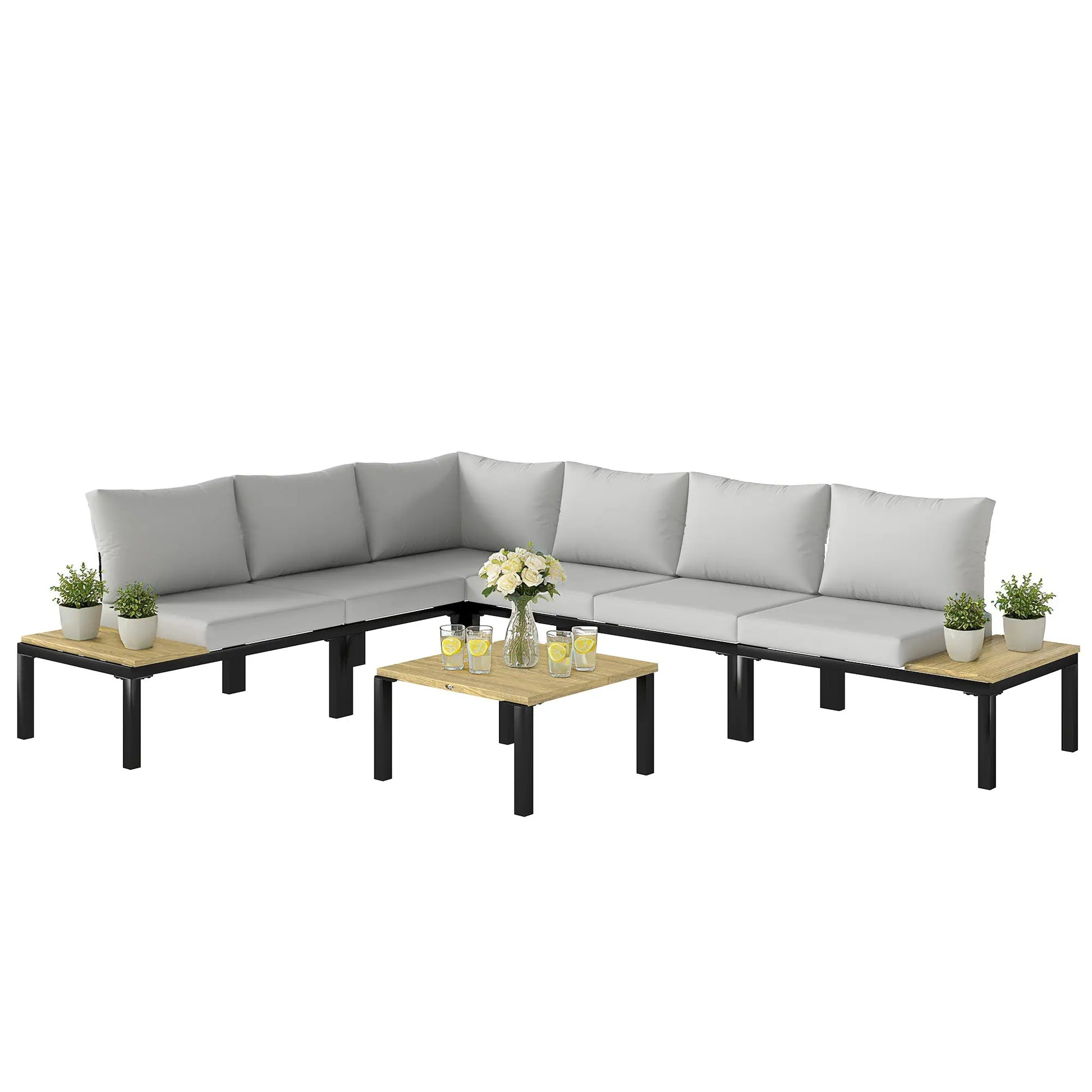 Outsunny Garden Furniture Set, 6 Piece Corner Sofa Set with Loveseat, Coffee Table, Sofa with Integrated Side Table