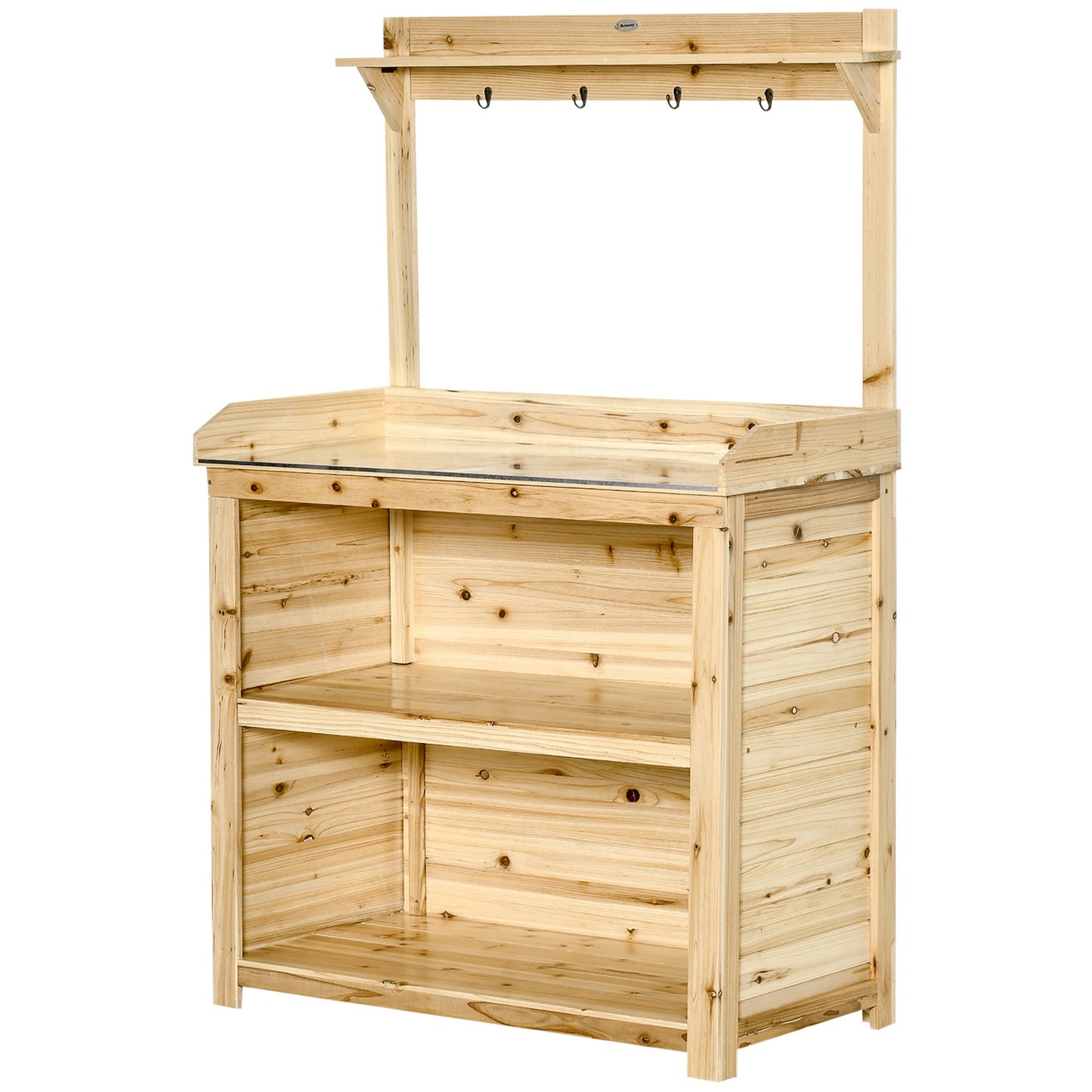 Outsunny Garden Potting Bench Table, Wooden Workstation Bench w/ Galvanized Metal Tabletop, Storage Shelves and Hooks, Natural