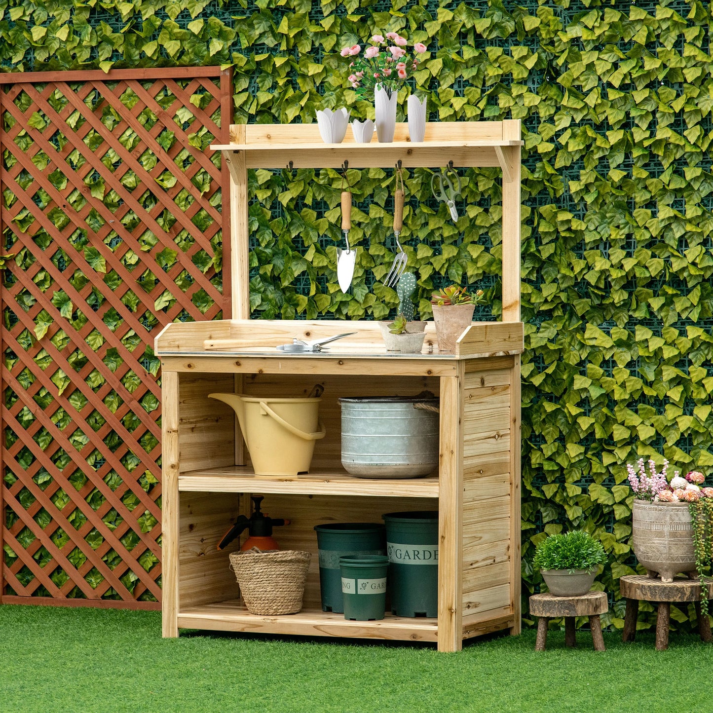 Outsunny Garden Potting Bench Table, Wooden Workstation Bench w/ Galvanized Metal Tabletop, Storage Shelves and Hooks, Natural