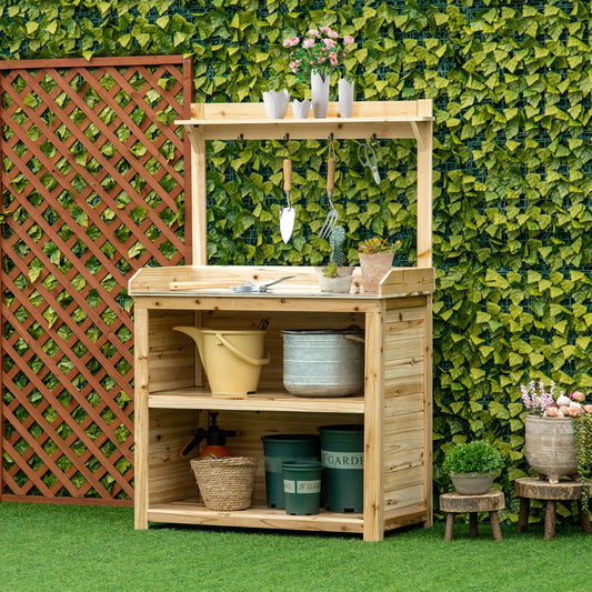 Outsunny Garden Potting Bench Table, Wooden Workstation Bench w/ Galvanized Metal Tabletop, Storage Shelves and Hooks, Natural