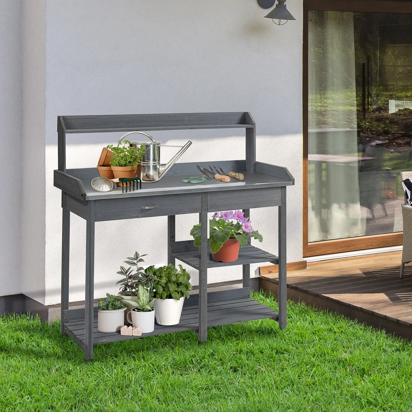 Outsunny Garden Potting Table with Storage, Workbench, Metal Top, Storage Shelves & Hooks for Patio, Courtyard, Wooden