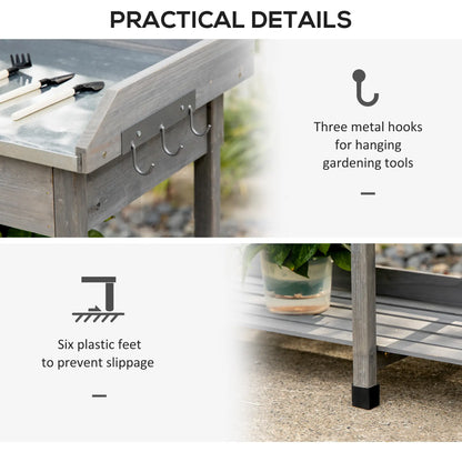 Outsunny Garden Potting Table with Storage, Workbench, Metal Top, Storage Shelves & Hooks for Patio, Courtyard, Wooden