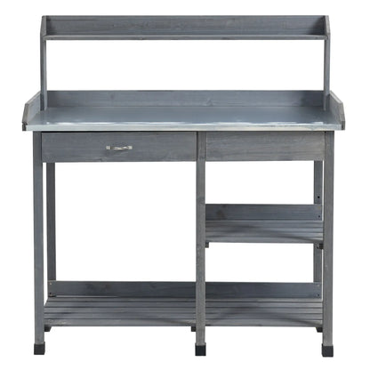 Outsunny Garden Potting Table with Storage, Workbench, Metal Top, Storage Shelves & Hooks for Patio, Courtyard, Wooden