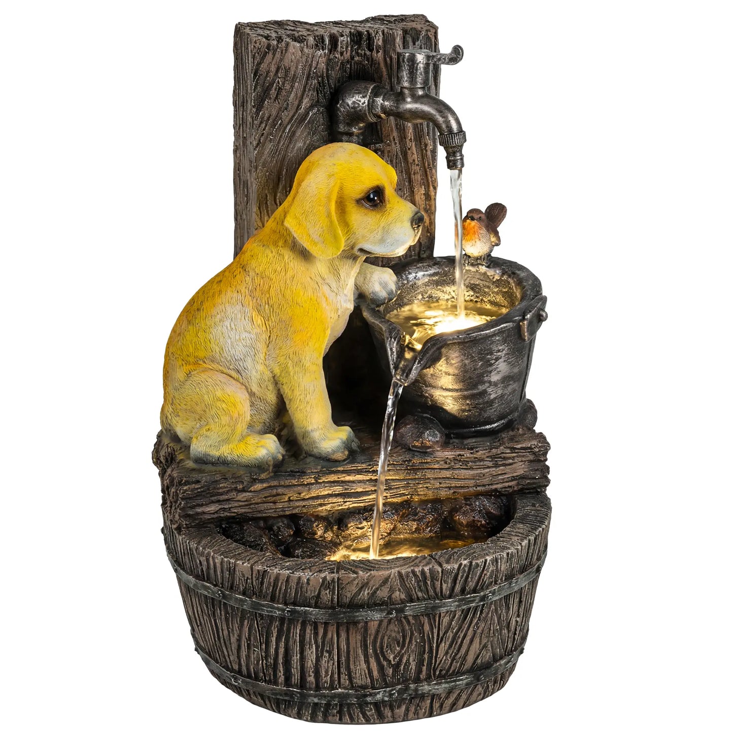 Outsunny Garden Water Feature with 3-Tier Rustic Puppy Design, Freestanding Resin with LED Lights, Adjustable Flow, Rustic Brown