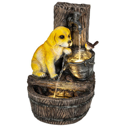 Outsunny Garden Water Feature with 3-Tier Rustic Puppy Design, Freestanding Resin with LED Lights, Adjustable Flow, Rustic Brown