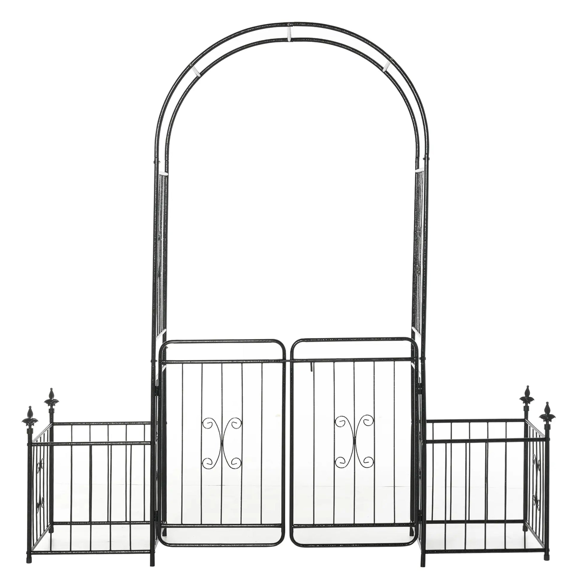 Outsunny Metal Garden Arbor Arch with Double Doors & Planter Baskets - Black