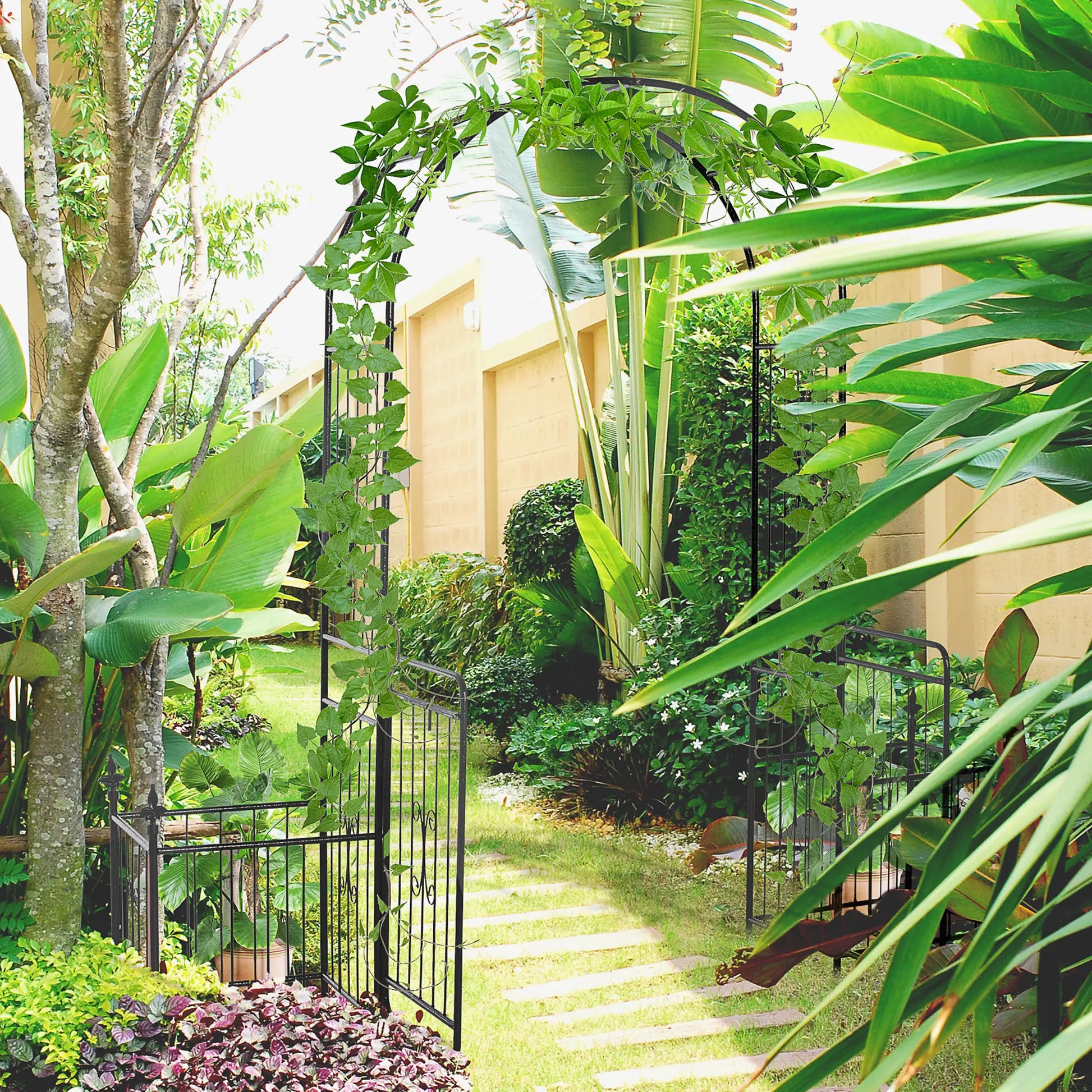 Outsunny Metal Garden Arbor Arch with Double Doors & Planter Baskets - Black