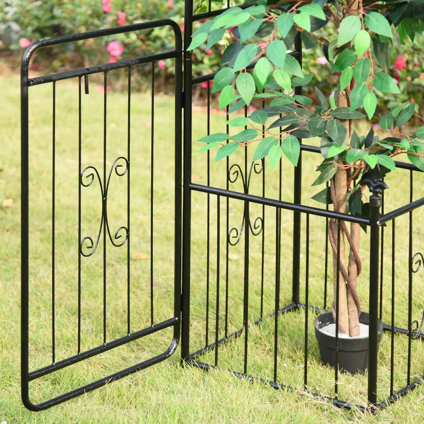 Outsunny Metal Garden Arbor Arch with Double Doors & Planter Baskets - Black