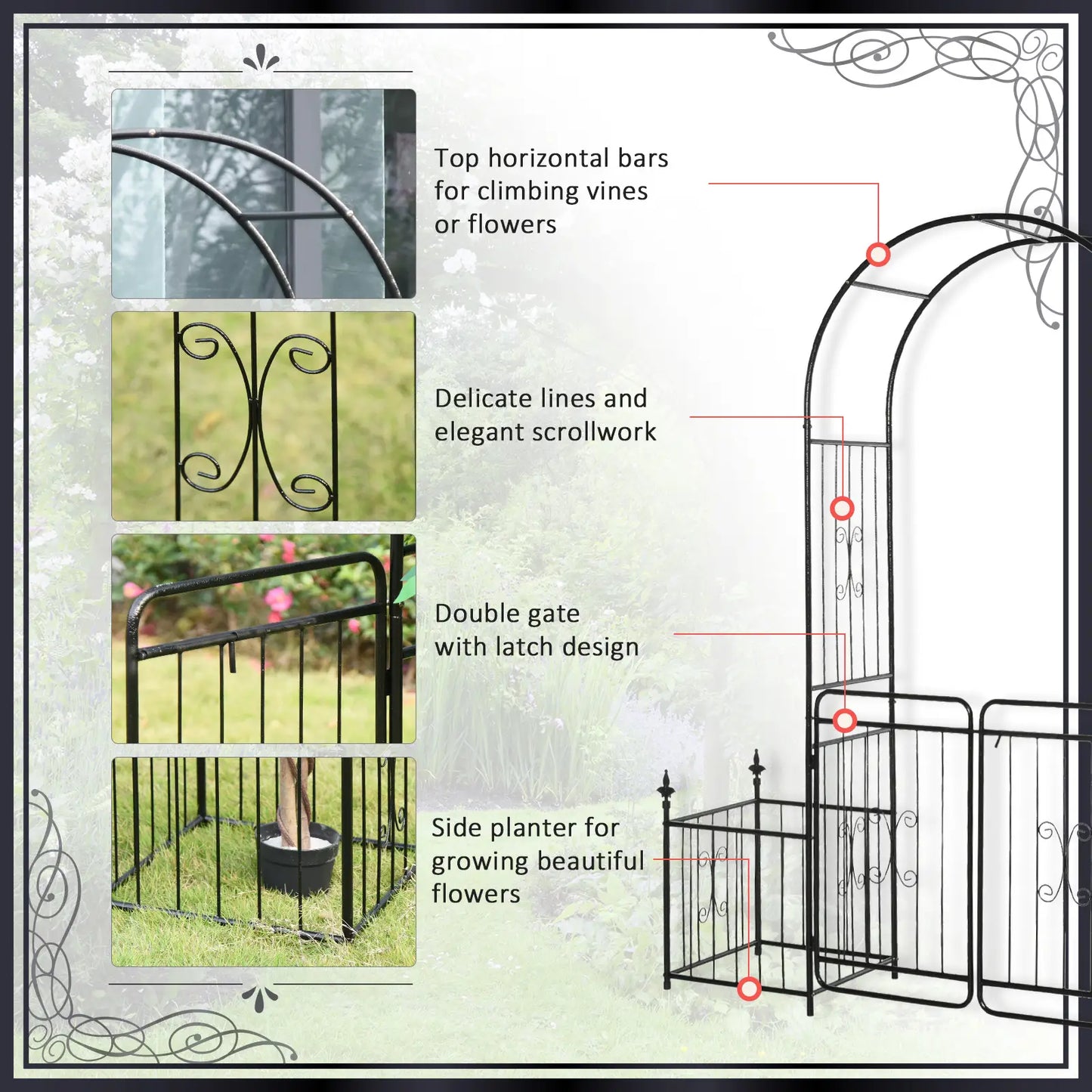 Outsunny Metal Garden Arbor Arch with Double Doors & Planter Baskets - Black