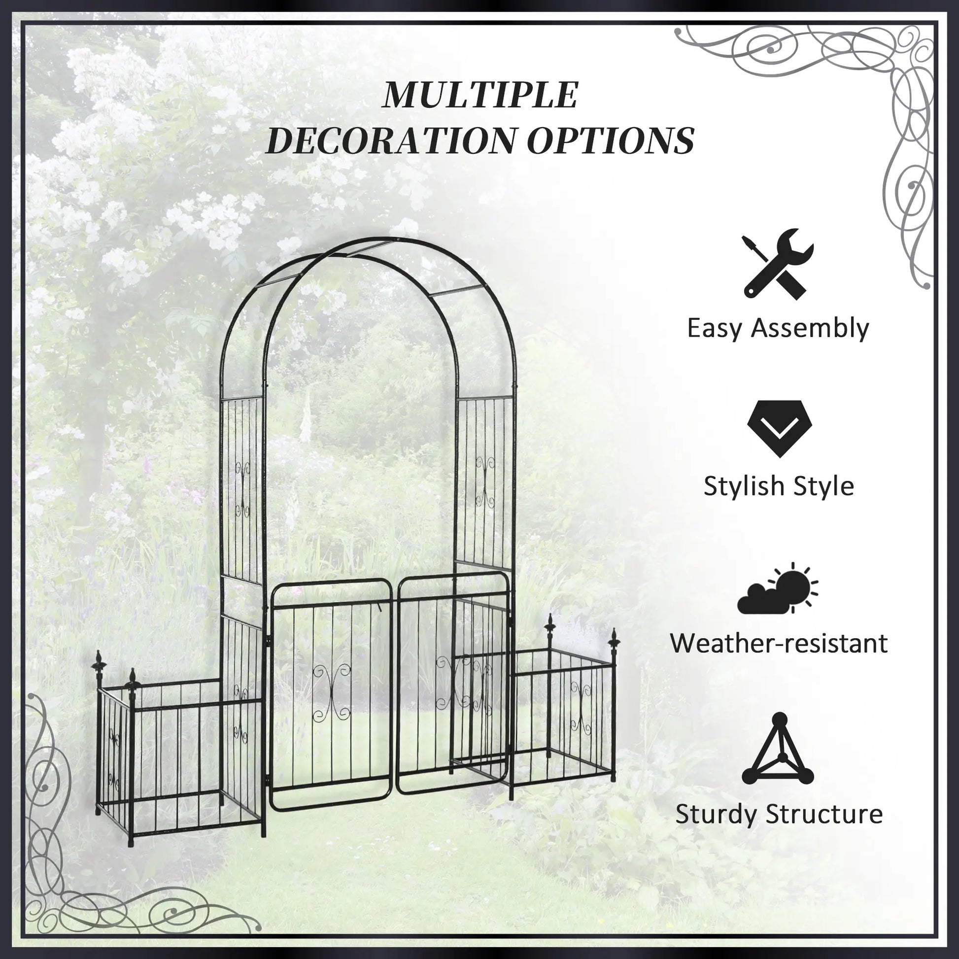 Outsunny Metal Garden Arbor Arch with Double Doors & Planter Baskets - Black