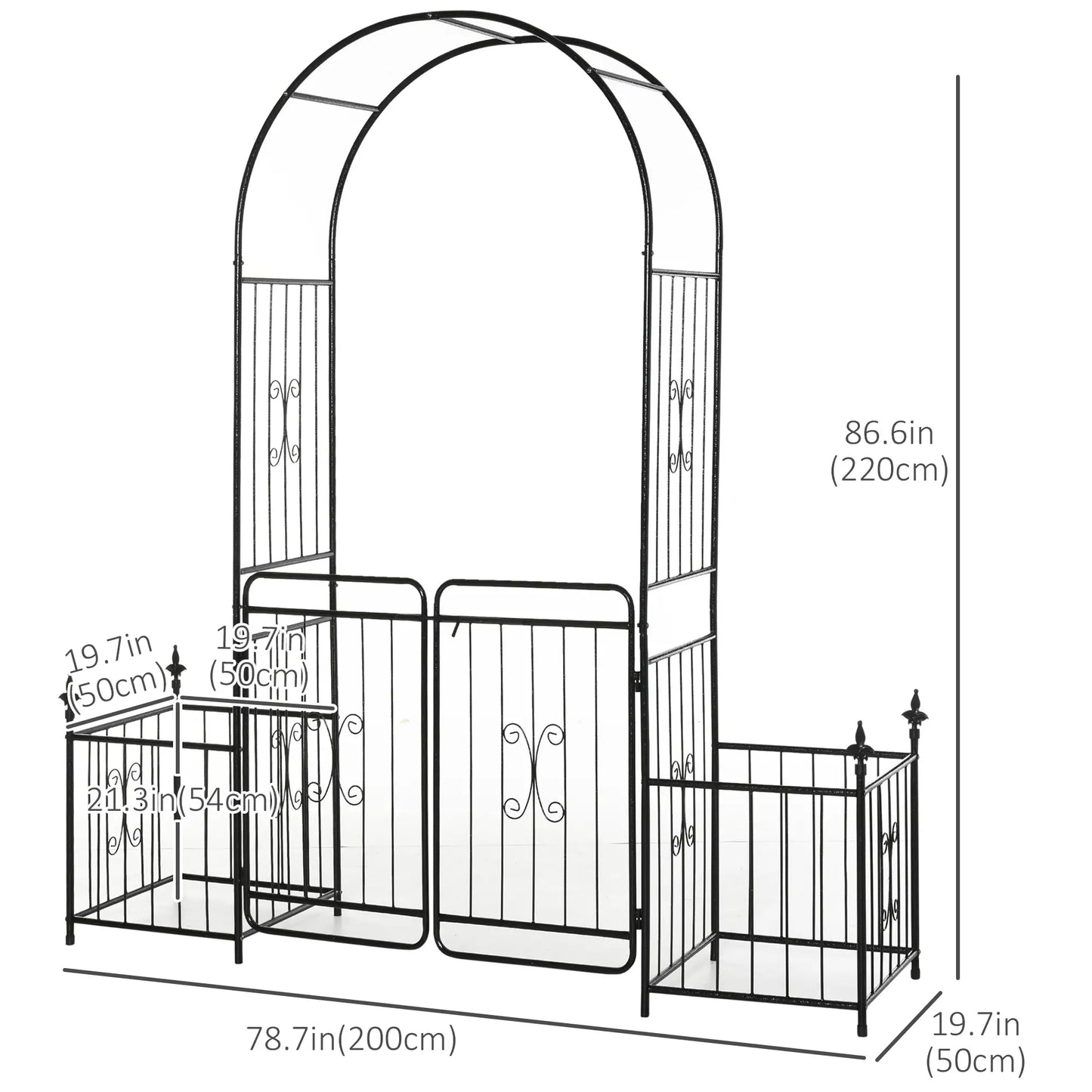 Outsunny Metal Garden Arbor Arch with Double Doors & Planter Baskets - Black