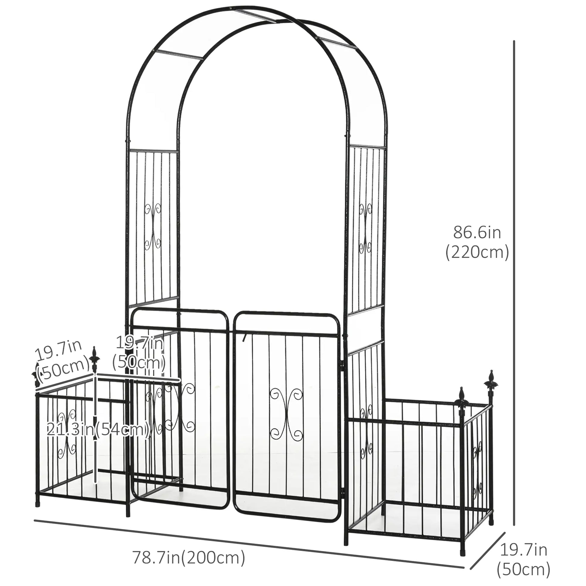 Outsunny Metal Garden Arbor Arch with Double Doors & Planter Baskets - Black
