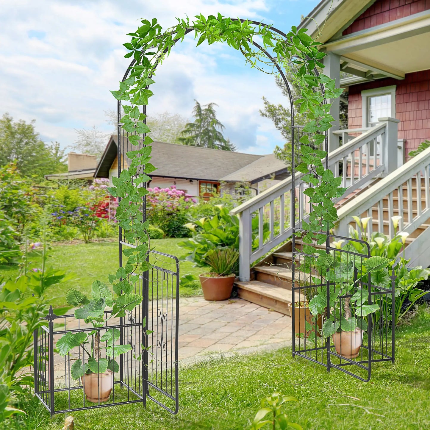 Outsunny Metal Garden Arbor Arch with Double Doors & Planter Baskets - Black